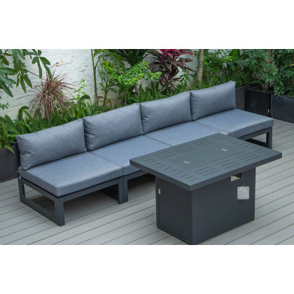 LeisureMod Chelsea 5-Piece Middle Patio Chairs and Fire Pit Table Set Black Aluminum with Cushions - Blue