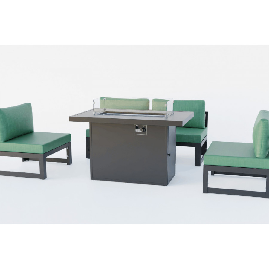 LeisureMod Chelsea 5-Piece Middle Patio Chairs and Fire Pit Table Set Black Aluminum with Cushions - Green