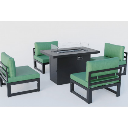 LeisureMod Chelsea 5-Piece Middle Patio Chairs and Fire Pit Table Set Black Aluminum with Cushions - Green