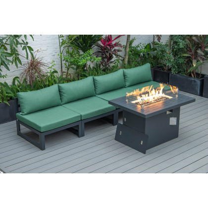 LeisureMod Chelsea 5-Piece Middle Patio Chairs and Fire Pit Table Set Black Aluminum with Cushions - Green