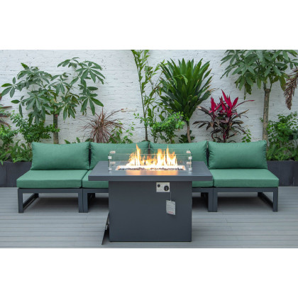 LeisureMod Chelsea 5-Piece Middle Patio Chairs and Fire Pit Table Set Black Aluminum with Cushions - Green