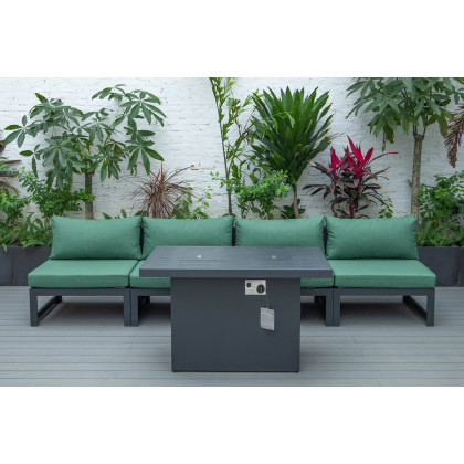 LeisureMod Chelsea 5-Piece Middle Patio Chairs and Fire Pit Table Set Black Aluminum with Cushions - Green