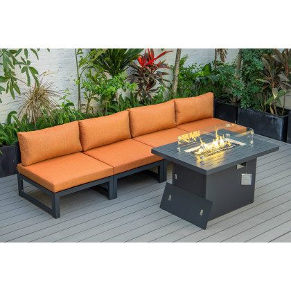 LeisureMod Chelsea 5-Piece Middle Patio Chairs and Fire Pit Table Set Black Aluminum with Cushions - Orange