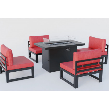 LeisureMod - Chelsea 5-Piece Middle Patio Chairs and Fire Pit Table Set Black Aluminum with Cushions