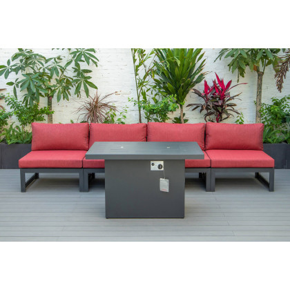 LeisureMod Chelsea 5-Piece Middle Patio Chairs and Fire Pit Table Set Black Aluminum with Cushions - Red