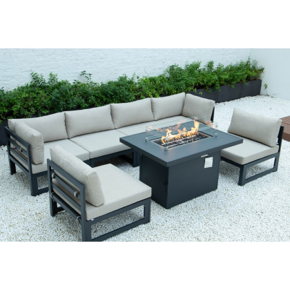 LeisureMod Chelsea 7-Piece Patio Sectional and Fire Pit Table Black Aluminum with Cushions - Beige