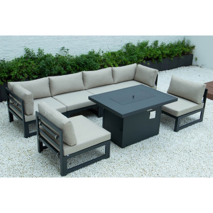 LeisureMod Chelsea 7-Piece Patio Sectional and Fire Pit Table Black Aluminum with Cushions - Beige