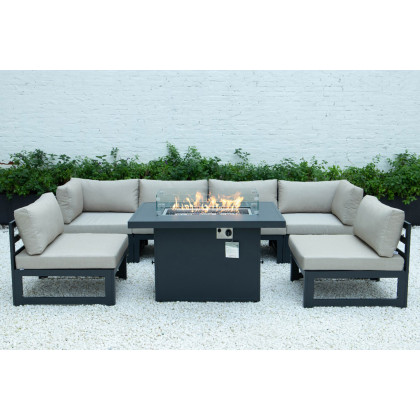 LeisureMod Chelsea 7-Piece Patio Sectional and Fire Pit Table Black Aluminum with Cushions - Beige