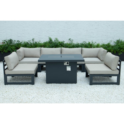 LeisureMod Chelsea 7-Piece Patio Sectional and Fire Pit Table Black Aluminum with Cushions - Beige