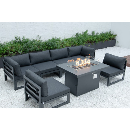 LeisureMod Chelsea 7-Piece Patio Sectional and Fire Pit Table Black Aluminum with Cushions - Black