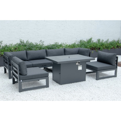 LeisureMod Chelsea 7-Piece Patio Sectional and Fire Pit Table Black Aluminum with Cushions - Black
