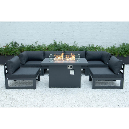 LeisureMod Chelsea 7-Piece Patio Sectional and Fire Pit Table Black Aluminum with Cushions - Black