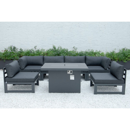 LeisureMod Chelsea 7-Piece Patio Sectional and Fire Pit Table Black Aluminum with Cushions - Black