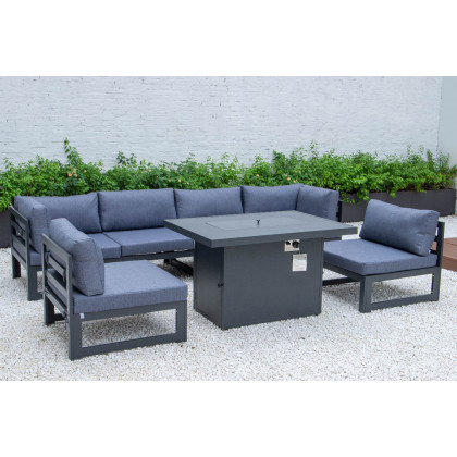 LeisureMod Chelsea 7-Piece Patio Sectional and Fire Pit Table Black Aluminum with Cushions - Blue