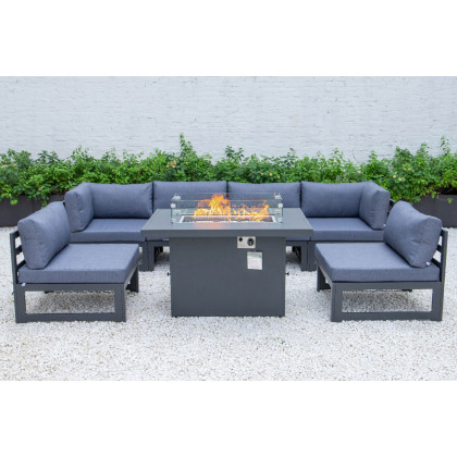 LeisureMod Chelsea 7-Piece Patio Sectional and Fire Pit Table Black Aluminum with Cushions - Blue