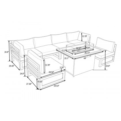 LeisureMod Chelsea 7-Piece Patio Sectional and Fire Pit Table Black Aluminum with Cushions - Green