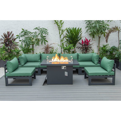 LeisureMod Chelsea 7-Piece Patio Sectional and Fire Pit Table Black Aluminum with Cushions - Green
