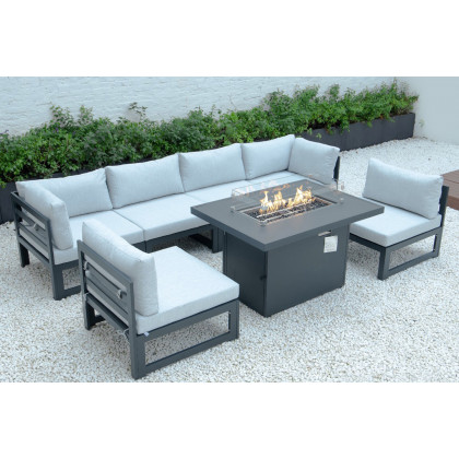 LeisureMod - Chelsea 7-Piece Patio Sectional and Fire Pit Table Black Aluminum with Cushions