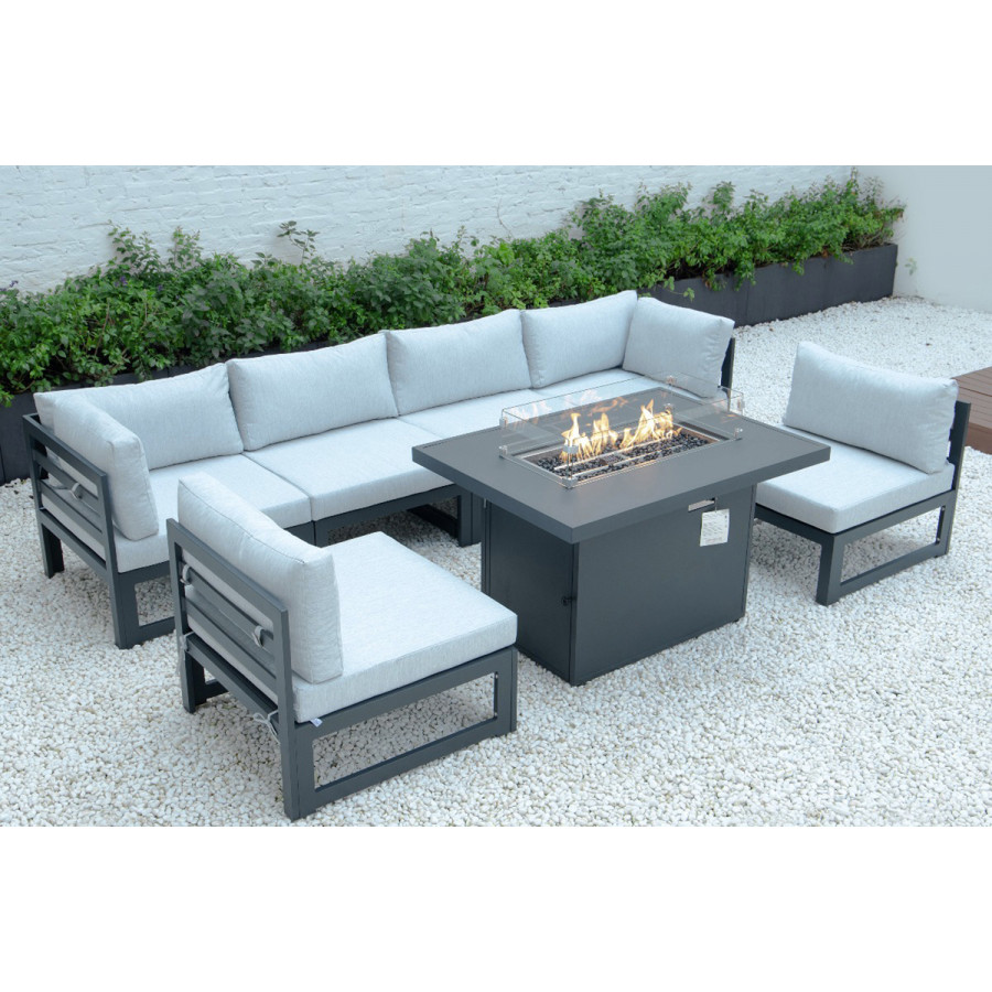 LeisureMod Chelsea 7-Piece Patio Sectional and Fire Pit Table Black Aluminum with Cushions - Light Gray