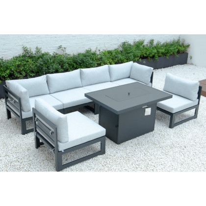 LeisureMod Chelsea 7-Piece Patio Sectional and Fire Pit Table Black Aluminum with Cushions - Light Gray