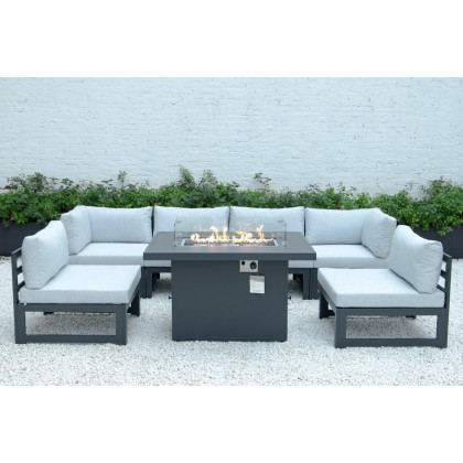 LeisureMod Chelsea 7-Piece Patio Sectional and Fire Pit Table Black Aluminum with Cushions - Light Gray