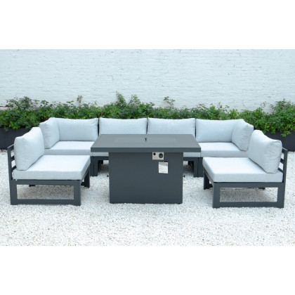 LeisureMod Chelsea 7-Piece Patio Sectional and Fire Pit Table Black Aluminum with Cushions - Light Gray