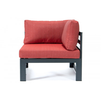 LeisureMod Chelsea 7-Piece Patio Sectional and Fire Pit Table Black Aluminum with Cushions - Red