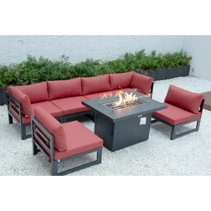 LeisureMod Chelsea 7-Piece Patio Sectional and Fire Pit Table Black Aluminum with Cushions - Red