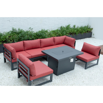 LeisureMod Chelsea 7-Piece Patio Sectional and Fire Pit Table Black Aluminum with Cushions - Red