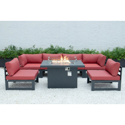 LeisureMod Chelsea 7-Piece Patio Sectional and Fire Pit Table Black Aluminum with Cushions - Red