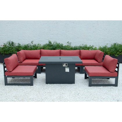 LeisureMod Chelsea 7-Piece Patio Sectional and Fire Pit Table Black Aluminum with Cushions - Red