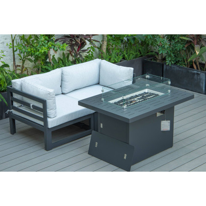 LeisureMod Chelsea 3-Piece Sectional Loveseat and Fireplace Set Black Aluminum with Cushions - Light Gray
