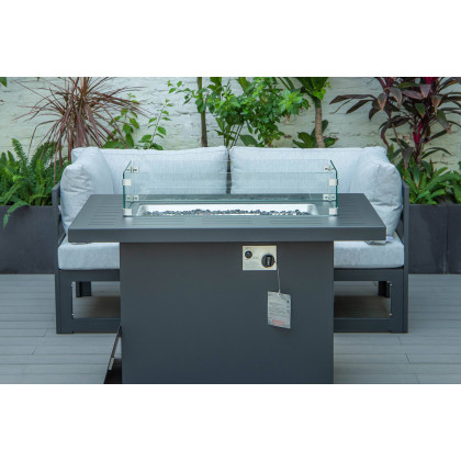 LeisureMod Chelsea 3-Piece Sectional Loveseat and Fireplace Set Black Aluminum with Cushions - Light Gray
