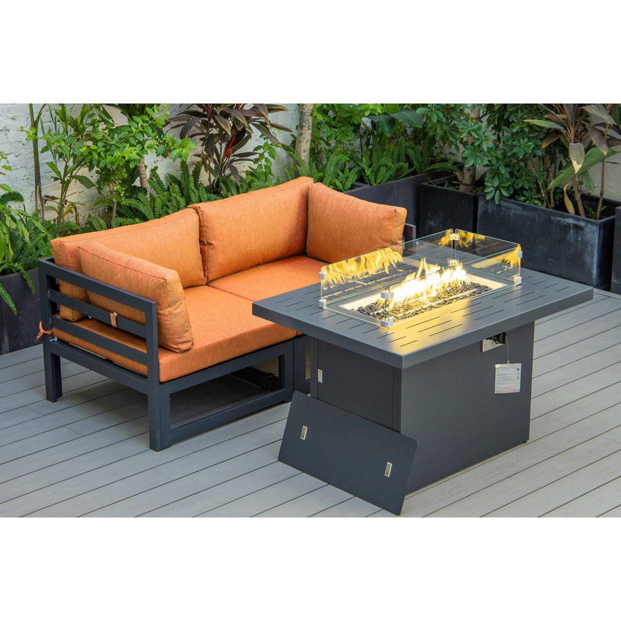 LeisureMod Chelsea 3-Piece Sectional Loveseat and Fireplace Set Black Aluminum with Cushions - Orange