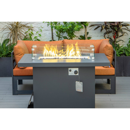 LeisureMod Chelsea 3-Piece Sectional Loveseat and Fireplace Set Black Aluminum with Cushions - Orange