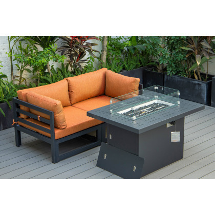 LeisureMod Chelsea 3-Piece Sectional Loveseat and Fireplace Set Black Aluminum with Cushions - Orange