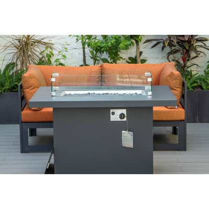 LeisureMod Chelsea 3-Piece Sectional Loveseat and Fireplace Set Black Aluminum with Cushions - Orange