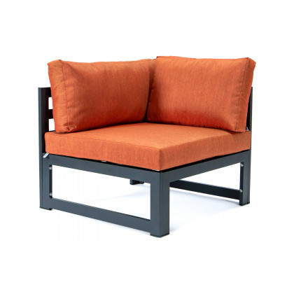 LeisureMod Chelsea 3-Piece Sectional Loveseat and Fireplace Set Black Aluminum with Cushions - Orange