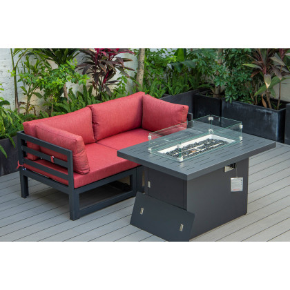 LeisureMod Chelsea 3-Piece Sectional Loveseat and Fireplace Set Black Aluminum with Cushions - Red