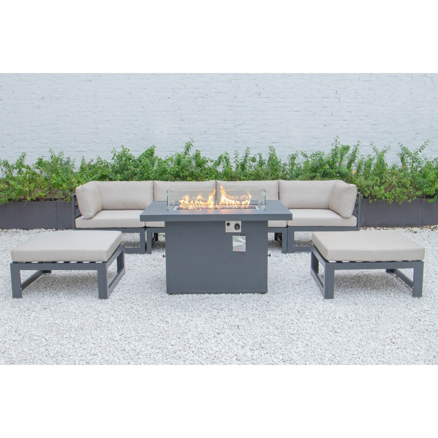 LeisureMod - Chelsea 7-Piece Patio Ottoman Sectional and Fire Pit Table Black Aluminum with Cushions