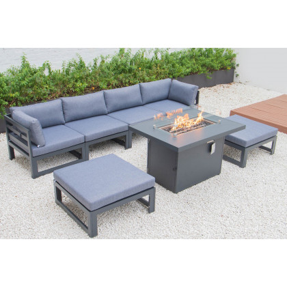 LeisureMod Chelsea 7-Piece Patio Ottoman Sectional and Fire Pit Table Black Aluminum with Cushions - Blue