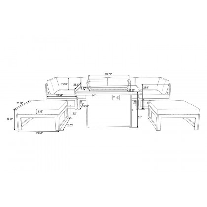 LeisureMod Chelsea 7-Piece Patio Ottoman Sectional and Fire Pit Table Black Aluminum with Cushions - Red