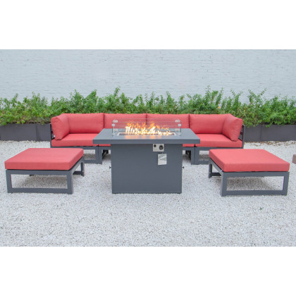 LeisureMod - Chelsea 7-Piece Patio Ottoman Sectional and Fire Pit Table Black Aluminum with Cushions
