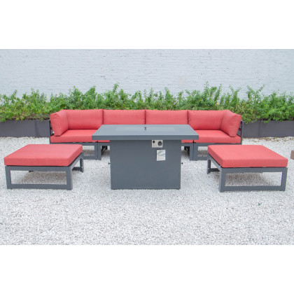 LeisureMod Chelsea 7-Piece Patio Ottoman Sectional and Fire Pit Table Black Aluminum with Cushions - Red