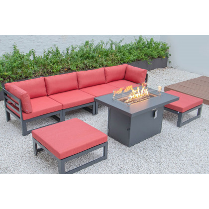 LeisureMod Chelsea 7-Piece Patio Ottoman Sectional and Fire Pit Table Black Aluminum with Cushions - Red