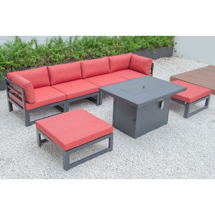 LeisureMod Chelsea 7-Piece Patio Ottoman Sectional and Fire Pit Table Black Aluminum with Cushions - Red