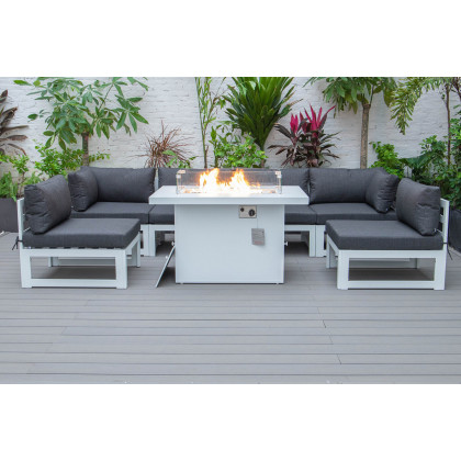 LeisureMod Chelsea 7-Piece Patio Sectional and Fire Pit Table In White Aluminum with Cushions - Black