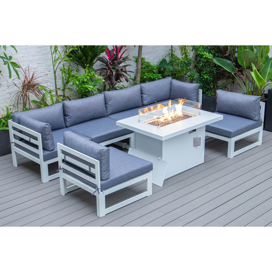 LeisureMod Chelsea 7-Piece Patio Sectional and Fire Pit Table In White Aluminum with Cushions - Blue