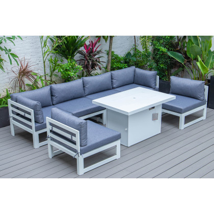 LeisureMod Chelsea 7-Piece Patio Sectional and Fire Pit Table In White Aluminum with Cushions - Blue