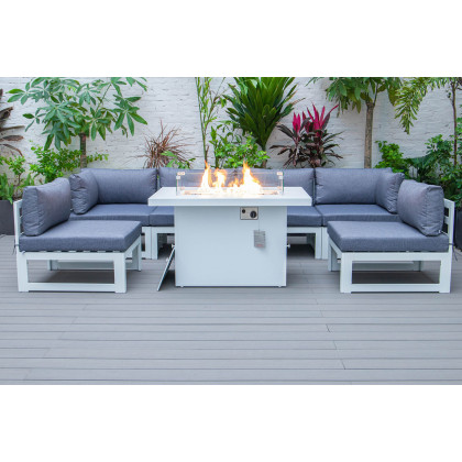 LeisureMod Chelsea 7-Piece Patio Sectional and Fire Pit Table In White Aluminum with Cushions - Blue
